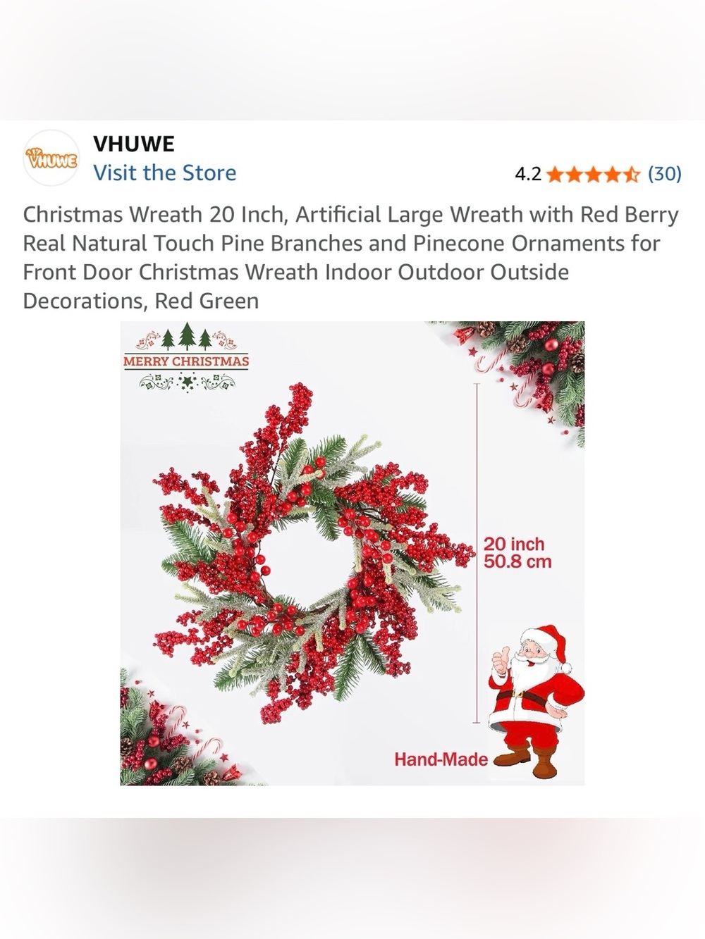 VHUWE : Red Berry Christmas Wreath - 20 Inch Holiday Door Decoration NWOT